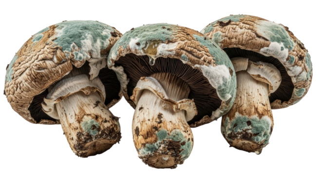 Three Decaying Brown Mushrooms with Blue Green Mold Isolated on Transparent Background