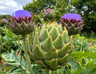 Close-up of artichoke plants with vibrant purple and green blooms