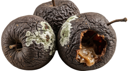 Three Rotten Apples With Mold and Decay Showing Rotting Fruit and Spoilage isolated on Transparent Background