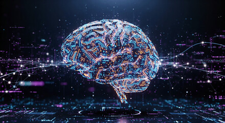 Digital representation of a human brain glowing with circuit patterns against a dark background, illustrating artificial intelligence and machine learning.