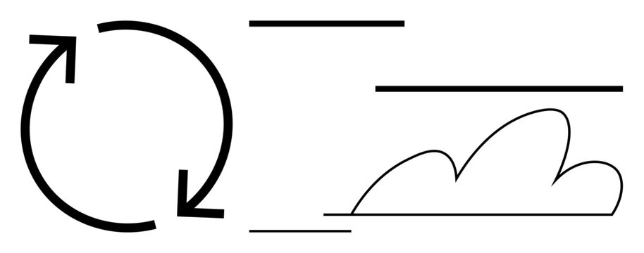 Circular arrow, horizontal lines, and cloud outline denoting process flow, communication, connection, and synchronization. Ideal for workflow, data transfer, trends weather cloud services