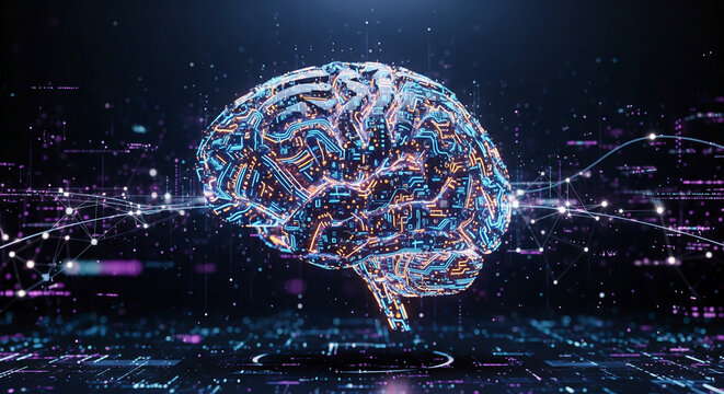 Digital representation of a human brain glowing with circuit patterns against a dark background, illustrating artificial intelligence and machine learning.