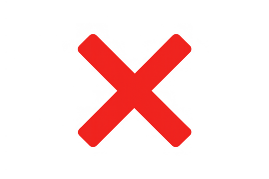 Red x mark icon indicating negative results, incorrect answers, an error, or a denied action on transparent background