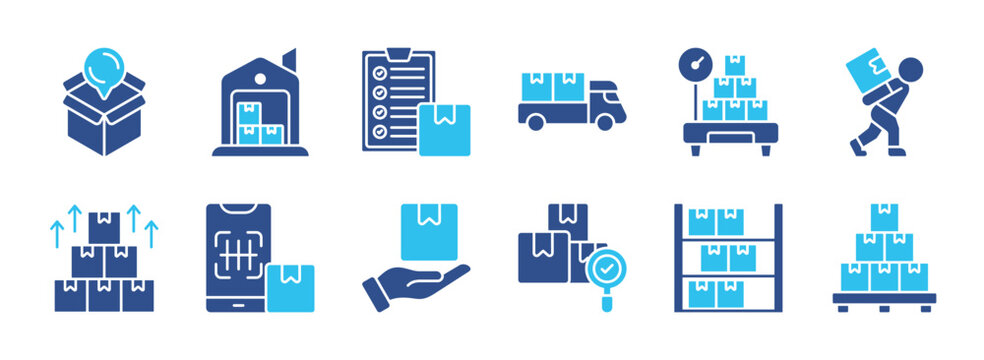 Warehouse Inventory color Vector Icon Set. Storage, logistics, delivery, packaging, barcode, forklift, shipping, pallet, stock, tracking, management, cargo, supply chain icons. EPS 10