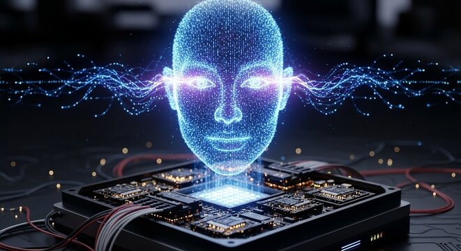 A glowing blue holographic AI face projected above a computer circuit board.