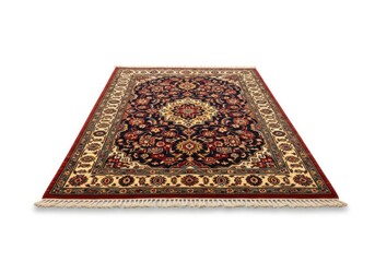 A rectangular ornate dark blue and red patterned rug with a central cream medallion and floral motifs featuring fringes on a white surface