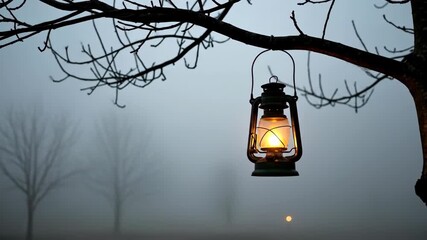 A lantern glows brightly, hanging from a tree branch on a foggy day. The light illuminates the scene, creating a warm contrast with the cool, misty background - Powered by Adobe