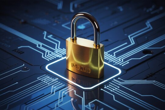 Golden Padlock Secured on a Glowing Blue Digital Circuit Board - Powered by Adobe