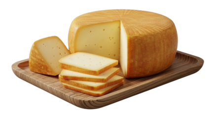 Whole Wheel Of Smoked Gouda Cheese With Sliced Pieces On A Wooden Board isolated on Transparent Background