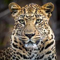Close-up of a leopard's face, showcasing its spotted fur and piercing gaze