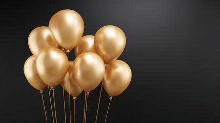 Golden balloons bunch, shiny festive decor, dark background, front view, copy space