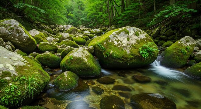 A lush green forest with moss-covered rocks and a clear stream flowing through it, depicting a serene natural landscape