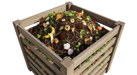 Wooden Compost Bin Filled With Decomposing Organic Waste And Soil Under Natural Light isolated on Transparent Background