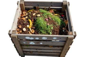 Wooden Compost Bin Filled With Organic Waste and Lush Green Growth isolated on Transparent Background