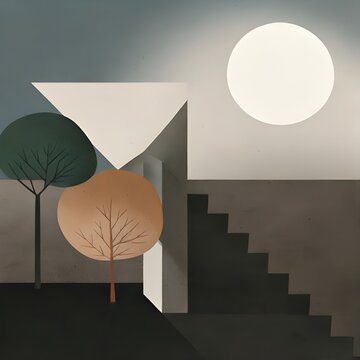 Minimalist landscape with geometric house, trees, stairs, and moon illustration.