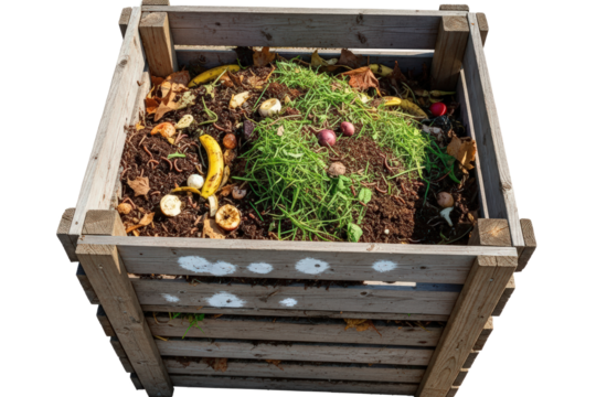 Wooden Compost Bin Filled With Organic Waste and Lush Green Growth isolated on Transparent Background