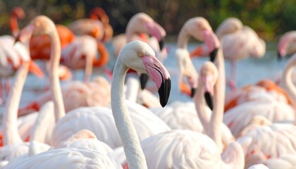 Naklejka premium Close-up of numerous vibrant pink flamingos, necks curved, clustered together near water, showcasing their long beaks