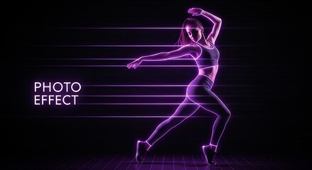 Energetic woman dancing with glowing neon purple outline effect