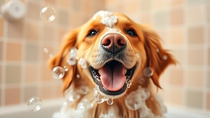 Playful golden retriever covered in soap bubbles, exuding joy against a soft pastel background.