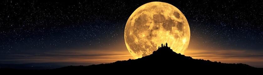 Large golden moon with starry night painting concept. A stunning moonrise over a silhouette of rugged mountains.