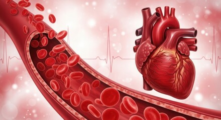 Human heart health concept with blood cells flowing through artery medical abstract illustration
