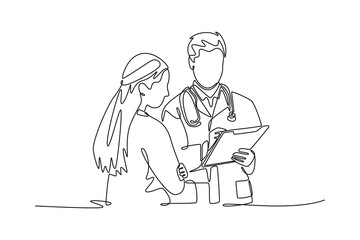 Doctor with clipboard consulting patient during appointment. Doctor and patient concept. Single line draw design. Vector graphic illustration