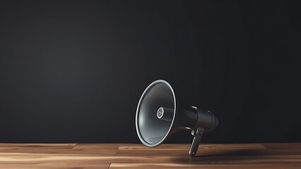 Megaphone placed on a wooden surface against a dark background.