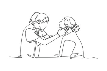 female medical expert checking lymph nodes of young patient. Doctor and patient concept. Single line draw design. Vector graphic illustration
