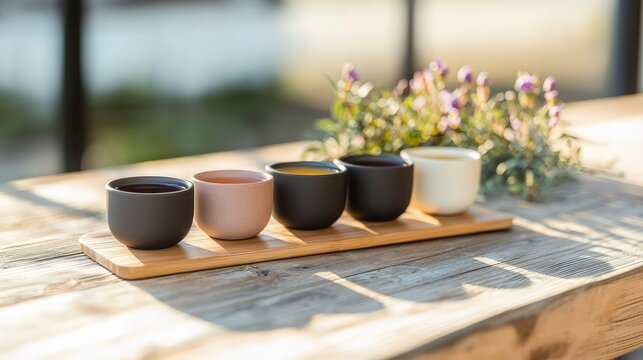 Four matte clay drinkware cups in various colors arranged on a wooden tray. A small bouquet of flowers is in the background, creating a serene atmosphere.