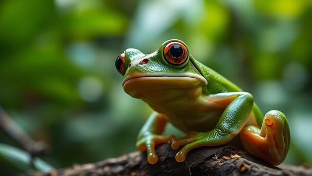 Close-up portrait of a vibrant green tree frog in its lush rainforest habitat.