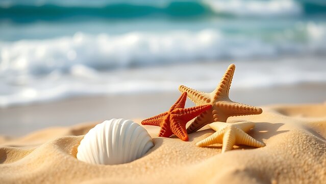 Seashells and starfish on sand, evoking tranquility of a tropical beach.