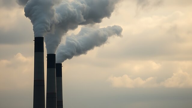 Industrial smokestacks releasing vapor into a cloudy sky, conveying an environmental message with muted tones.