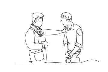 young professional male doctor holding hand comforting dizzy headache patient shoulder. Doctor and patient concept. Single line draw design. Vector graphic illustration