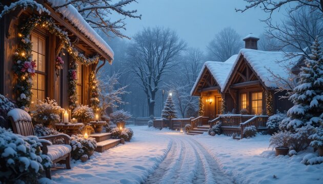 A snowy winter scene with festive decorations and sparkling lights is illuminated by warm candlelight.