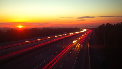 Obraz premium Sunset-lit highway with light streaks from vehicles, capturing a warm and atmospheric scene.
