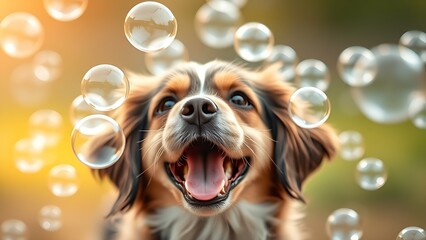 Playful dog surrounded by floating soap bubbles in a cheerful and warm natural setting.