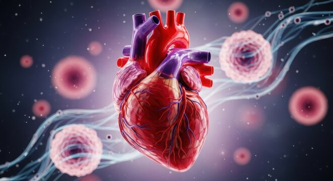 Detailed 3d rendering of a human heart with circulatory system elements and cells illustration