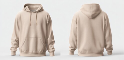 beige hoodie, front and back view on a white background, high-resolution photo for mockup use.