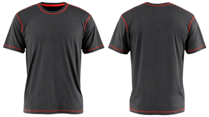 Dark athletic t-shirt with red stitching details shown front and back in clean apparel mockup style isolated on white background