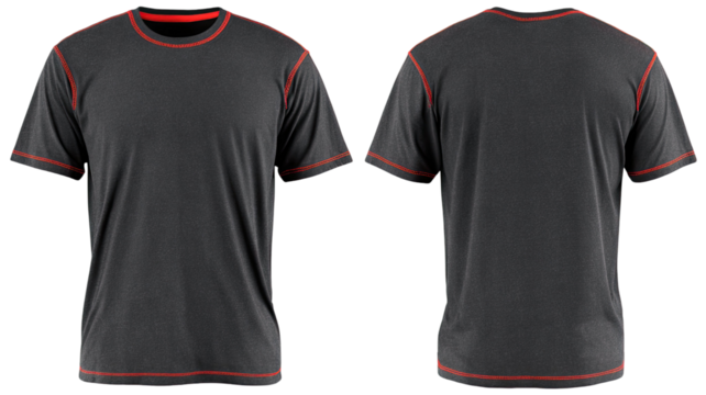 Dark athletic t-shirt with red stitching details shown front and back in clean apparel mockup style isolated on white background