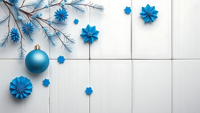 Celebration concept with blue decorative elements on a white wooden background. - Powered by Adobe