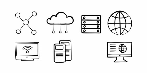 Illustration of network devices including a cloud, servers, globe, and computer monitors in black and white on transparent background