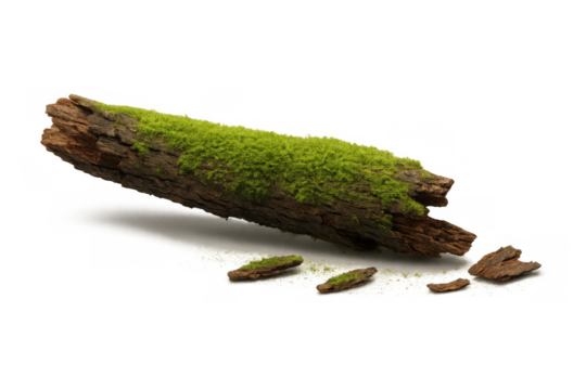 Moss growing on old log creating natural texture with decaying bark pieces on transparent background