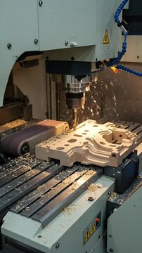CNC Machine Machining Wood Part With Flying Chips