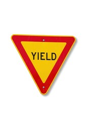 A yellow inverted triangular road sign with a red border featuring the word YIELD in black secured by three fasteners against a white background