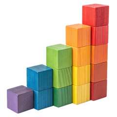 Obraz premium Building blocks stacked in a colorful ascending bar graph representing growth, progress, and development towards success and achievement.