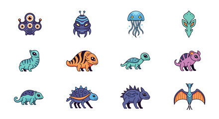 A diverse collection of whimsical alien and fantasy creature vector illustrations, featuring an assortment of cute monster characters perfect for games, applications, and children's creative projects