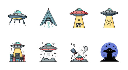 A collection of colorful UFO icons representing an alien invasion concept, including flying saucers, abduction, and a crashed spaceship
