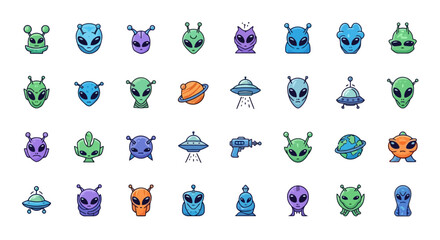 Set of colorful pixel art aliens and UFOs, representing extraterrestrial life and space travel, perfect for gaming and sci-fi projects