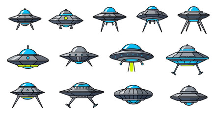 Collection of diverse pixel art alien spacecraft and flying saucers, perfect for retro game development, digital assets, and sci-fi projects